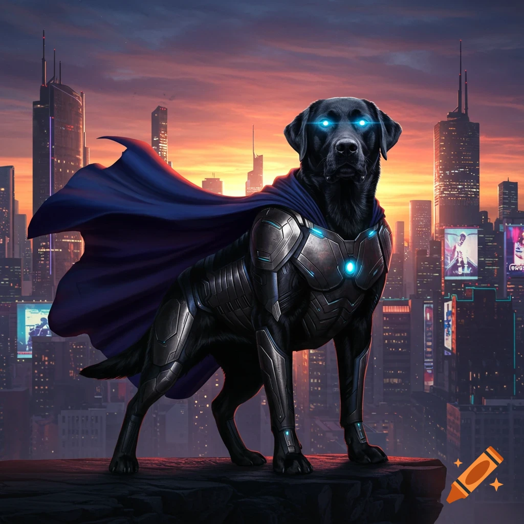 A black Labrador in futuristic metallic armor and a blue cape stands on a rooftop overlooking a cyberpunk city at sunset, with glowing blue eyes.
