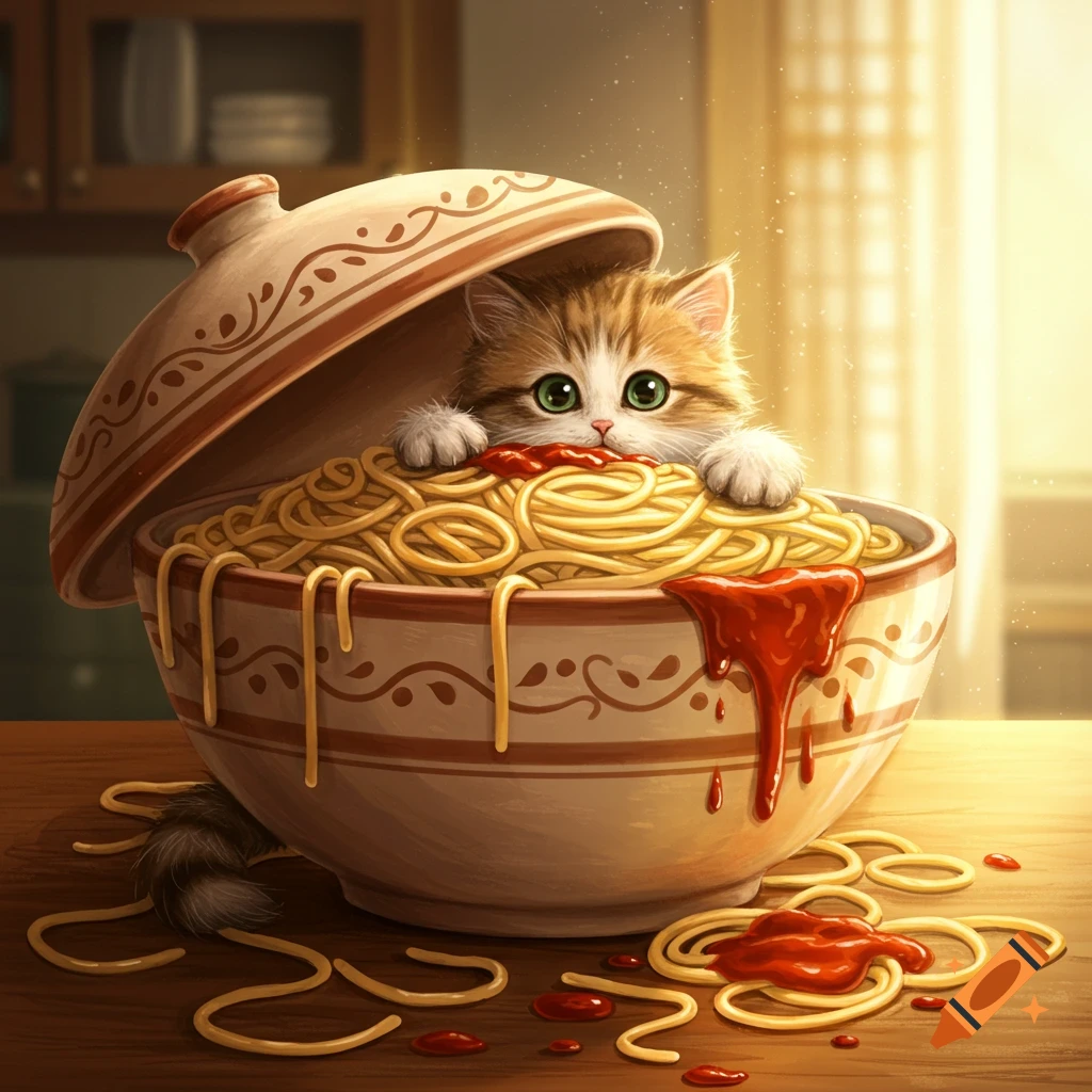A fluffy kitten peeks from a decorative bowl overflowing with spaghetti and red sauce, with noodles spilled on a wooden table.