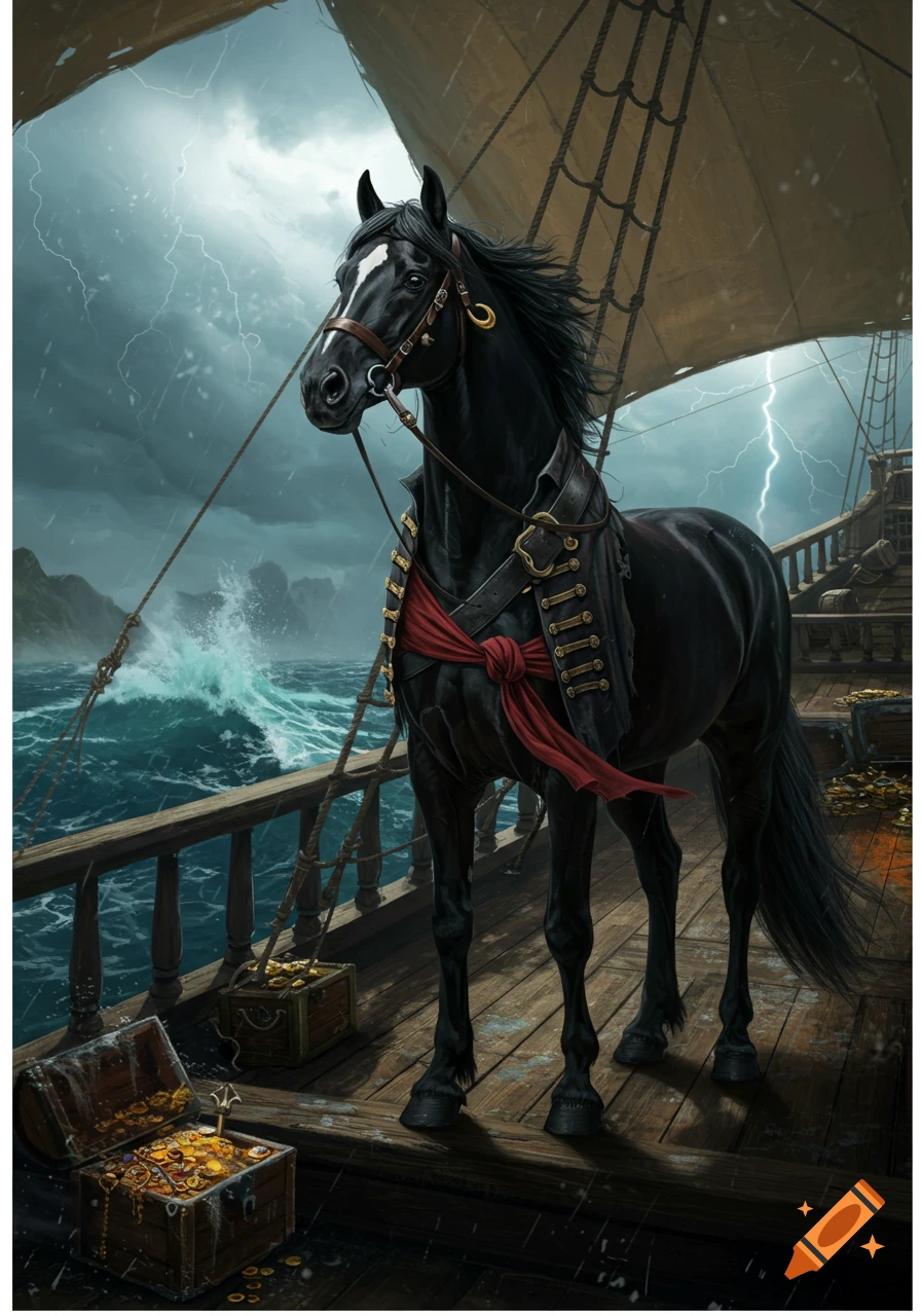 A black horse in pirate attire stands on a stormy ship deck with an open treasure chest.