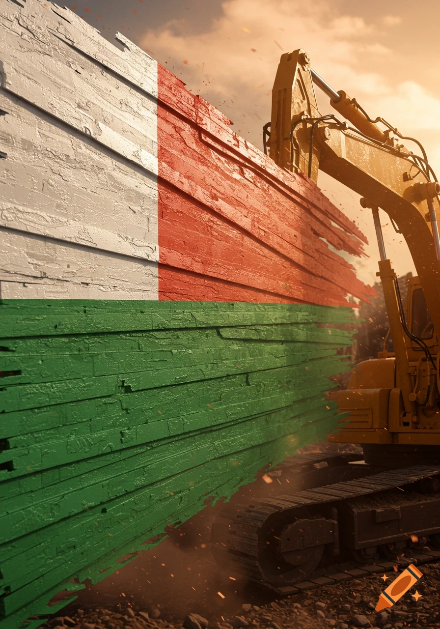 A large yellow excavator next to a wooden wall painted with the flag of Madagascar, kicking up dust under an orange sky.