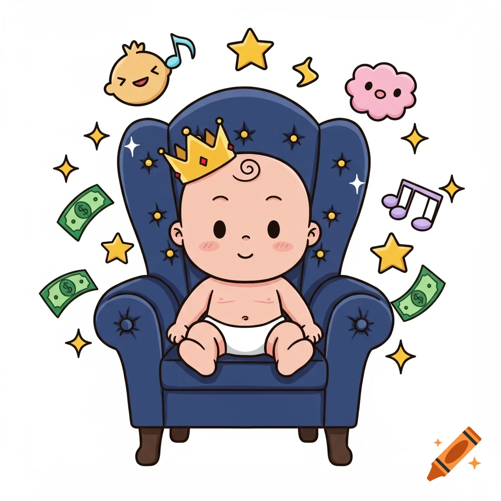 Cartoon baby king wearing a crown, sitting on a blue armchair surrounded by money, stars, and music notes in a clip art style.