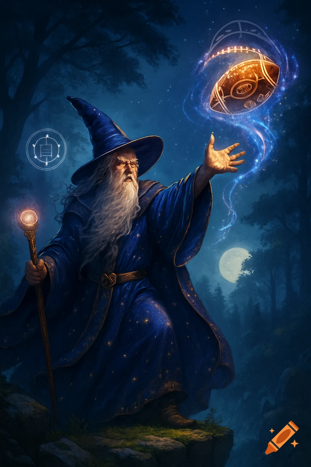 A wizard in a blue robe and pointed hat conjures a glowing football with magic in a dark forest under a full moon, digital art.