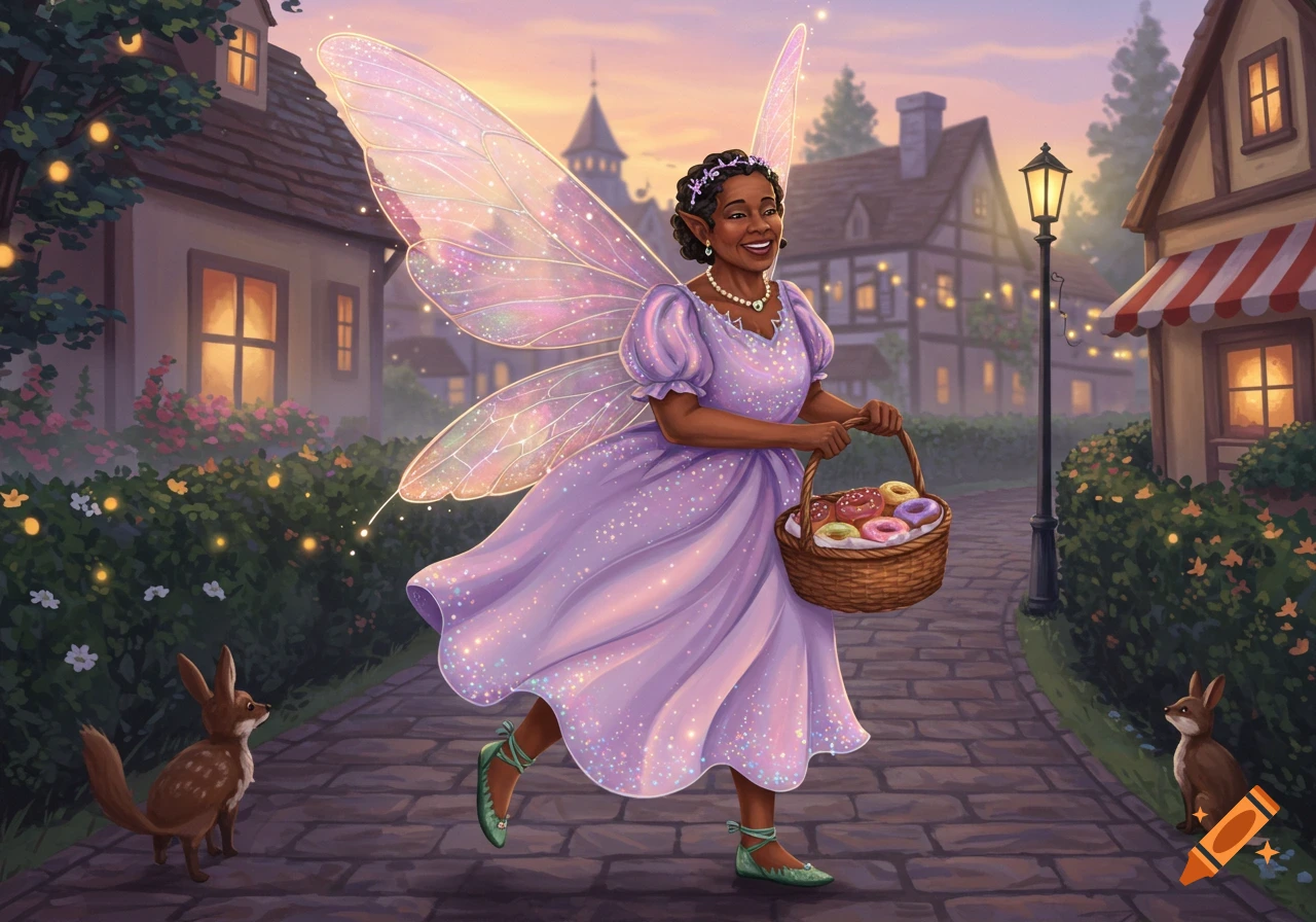 An African American fairy in a purple dress carries a basket of donuts on a cobblestone path in a charming village at sunset, with rabbits. Illustrated.