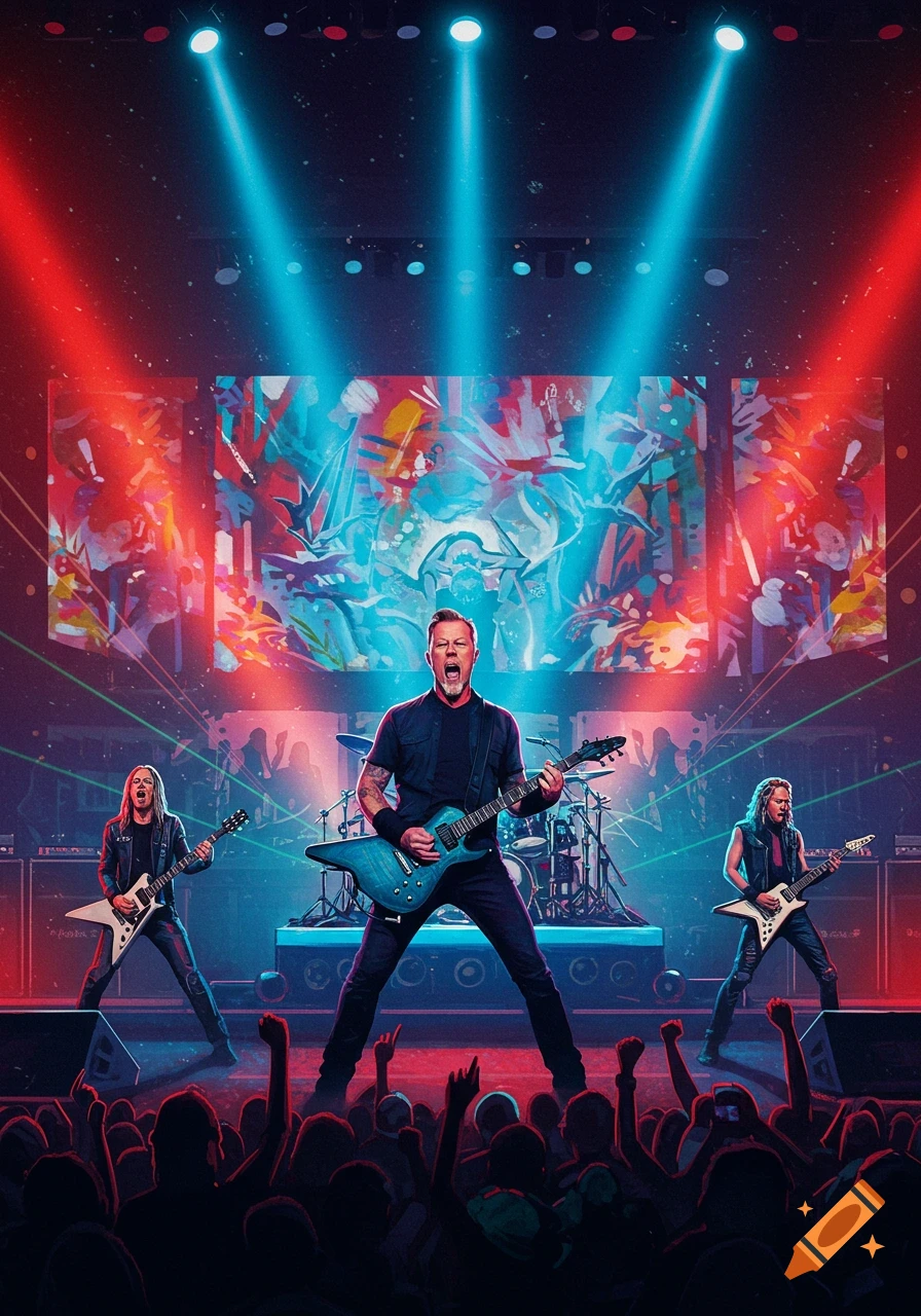 A rock band performs live on stage under dramatic red and blue spotlights, with a large crowd cheering in the foreground.