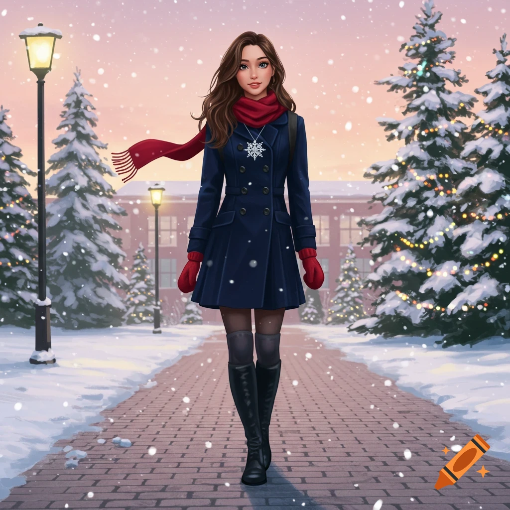 An illustrated young woman in a blue coat, red scarf, and black boots walks on a snowy path with Christmas trees.