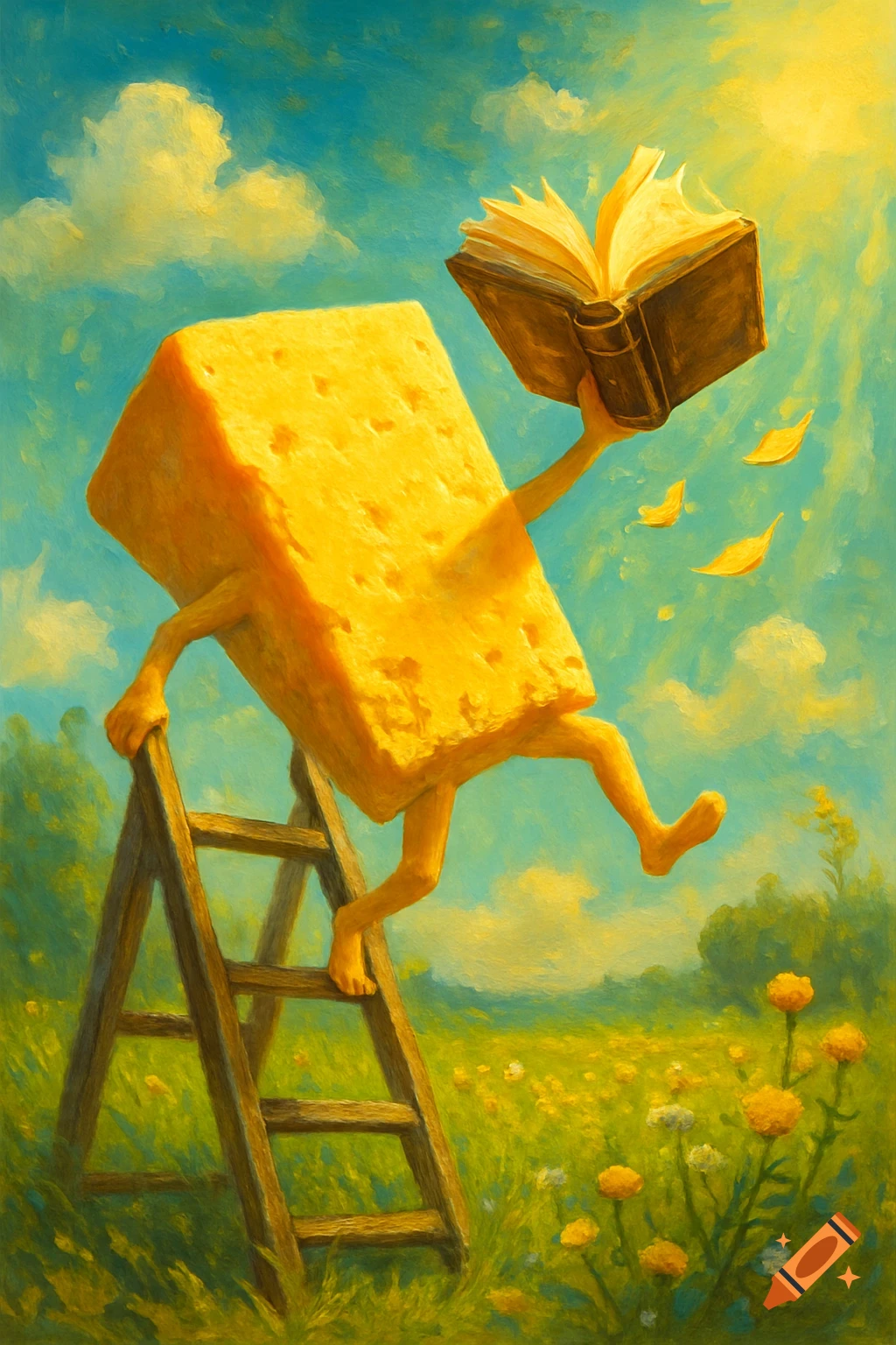 A block of cheddar cheese with human limbs steps off a ladder into a flowery field, holding an open book. Painterly style.