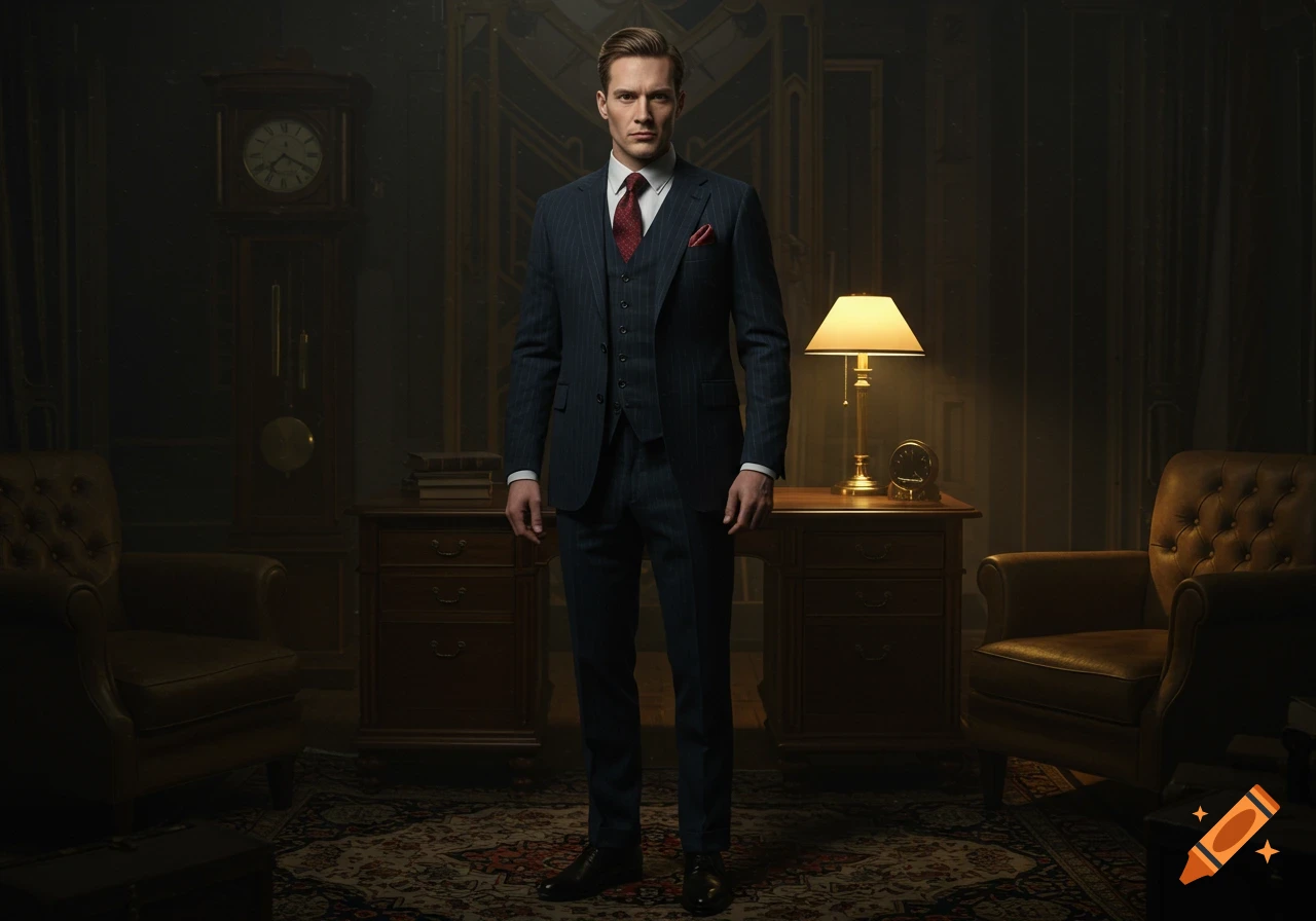 A distinguished man in a pinstripe suit stands formally in a dimly lit, vintage-style study with a desk, lamp, and grandfather clock.