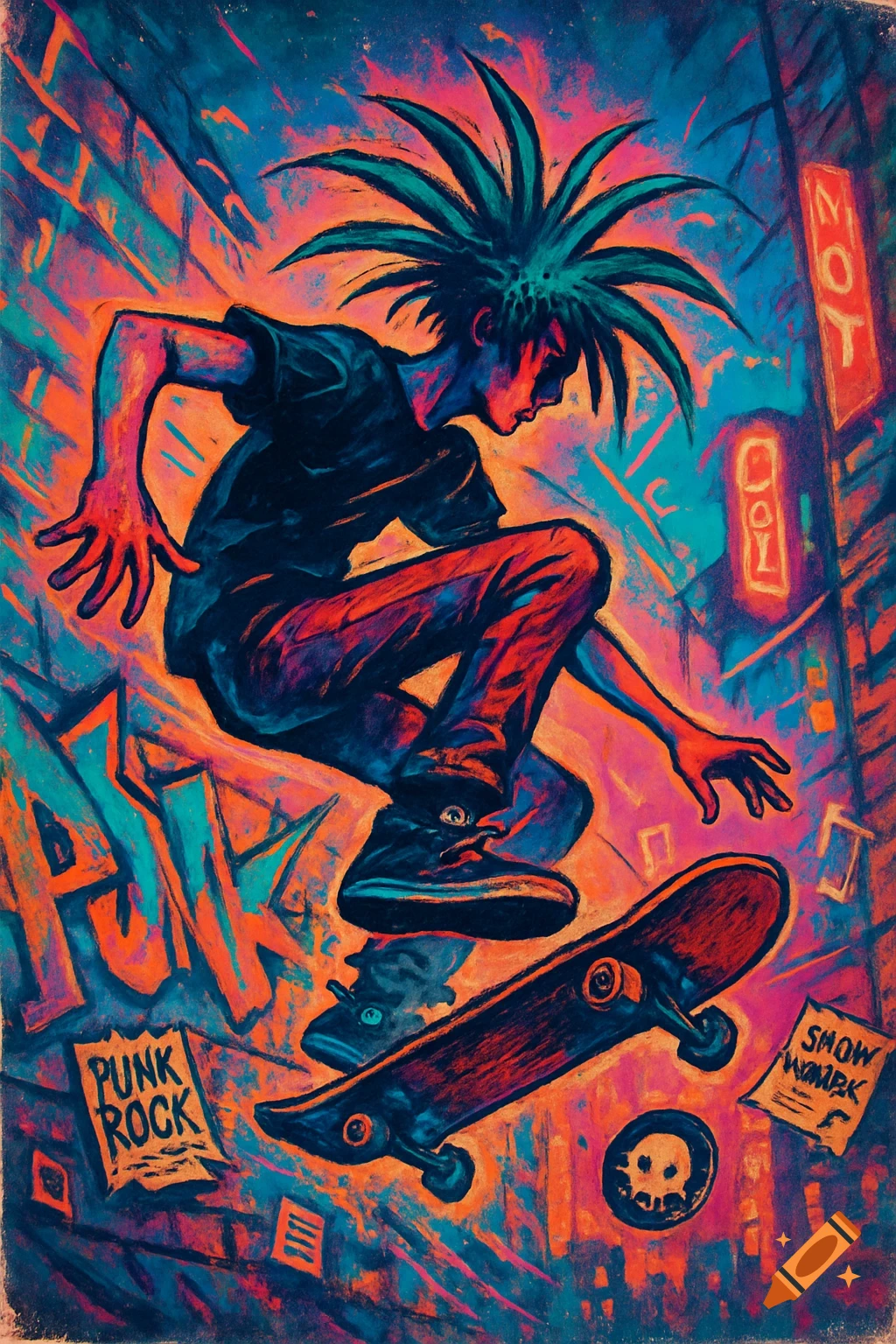 Stylized vibrant painting of a punk skateboarder mid-air, surrounded by graffiti and neon signs, in a pop-punk album cover aesthetic.