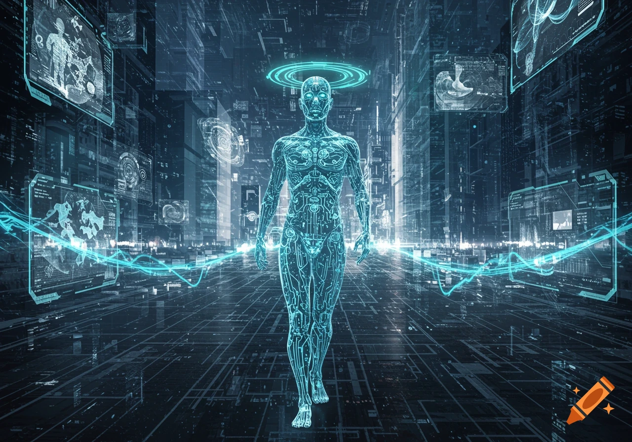 A glowing blue digital human figure walks through a futuristic city of holographic screens and circuit patterns, sci-fi style.