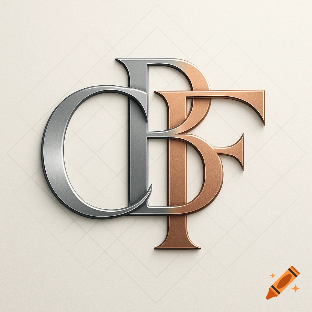 An elegant metallic monogram with interlocking letters C, B, and F, in silver and rose gold, against a light textured background.