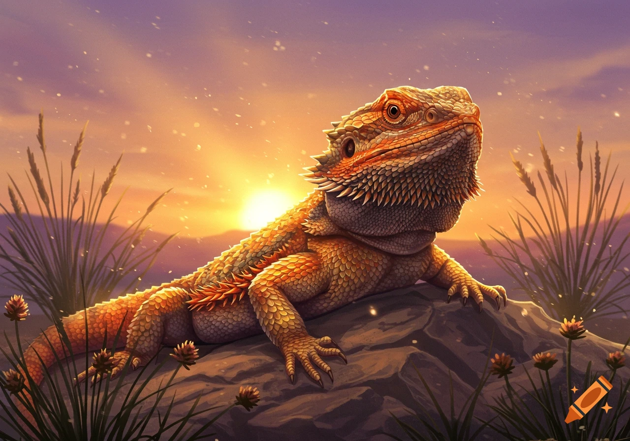 A vibrant orange bearded dragon sits on a rock at sunset, surrounded by grass and small flowers, in a digital art style.