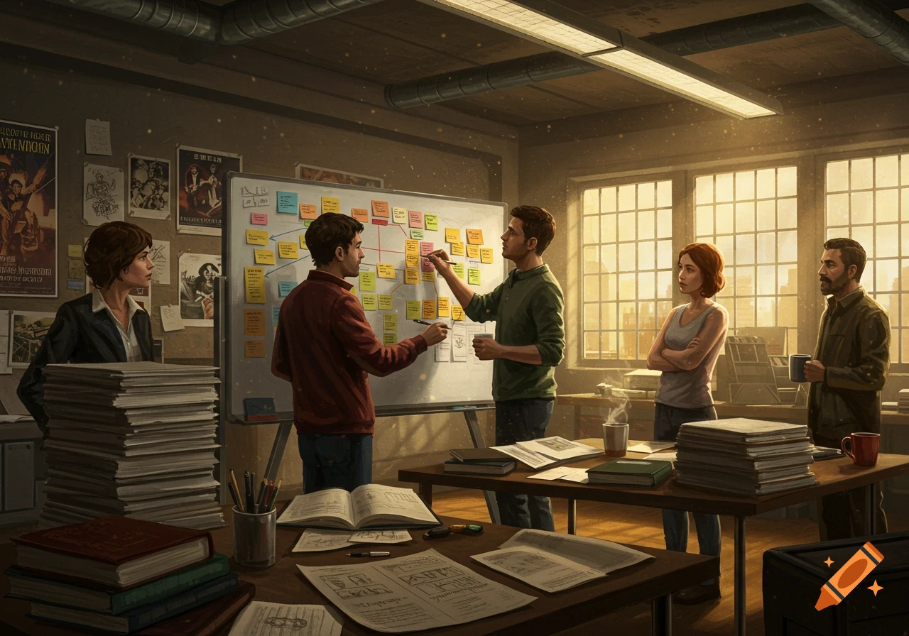 Five people collaborate in a sunlit office, two men marking a whiteboard with sticky notes, others observe.