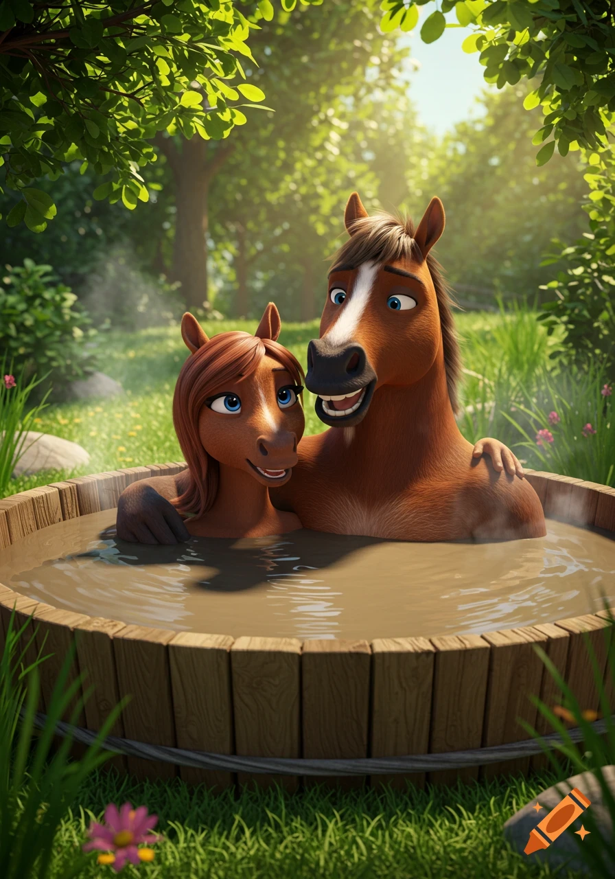 Two happy anthropomorphic horses relax in a wooden mud hot tub in a lush 3D animated forest.