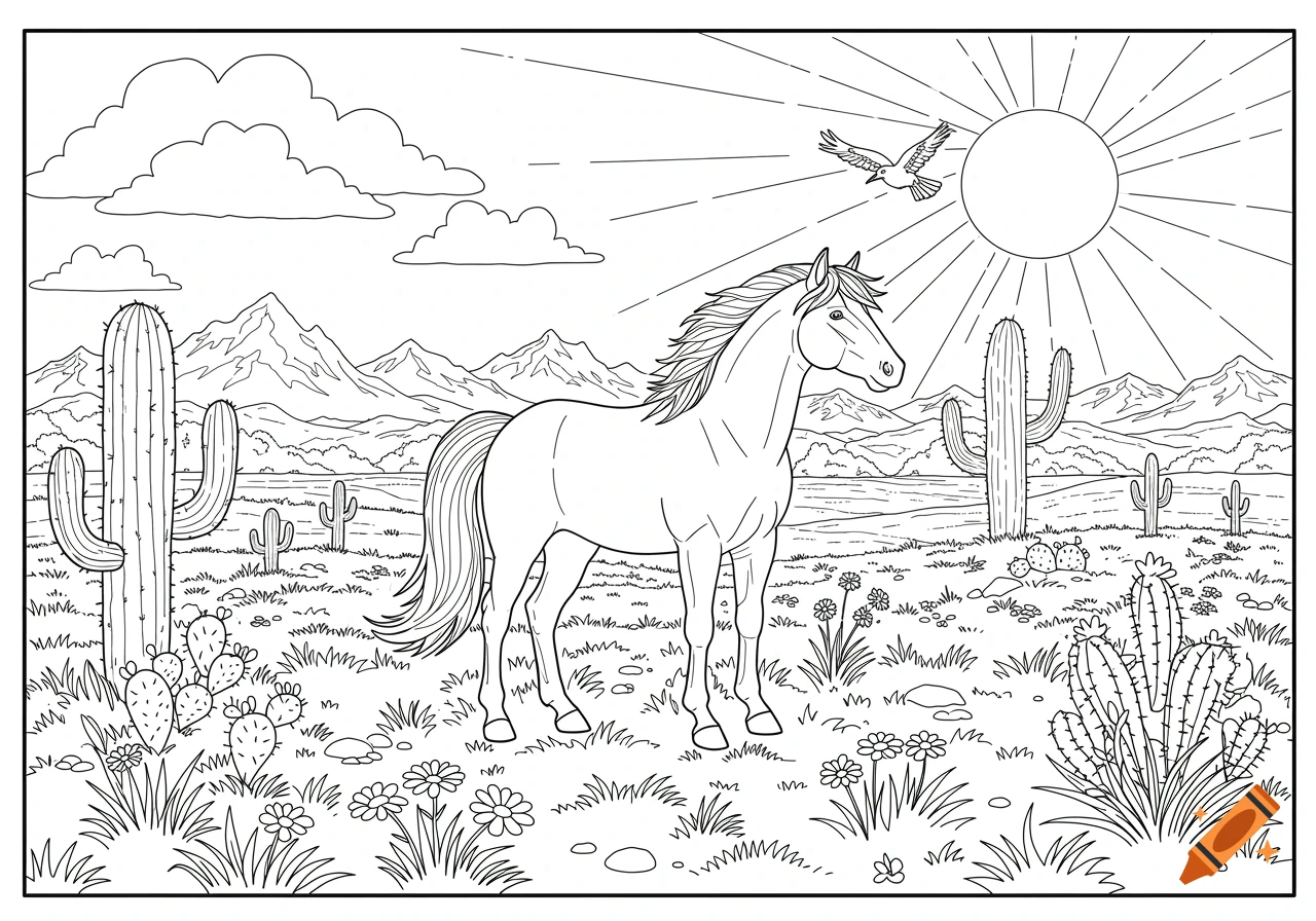 Black-and-white coloring page of a wild mustang horse in a desert landscape with cacti, mountains, sun, and a flying bird.