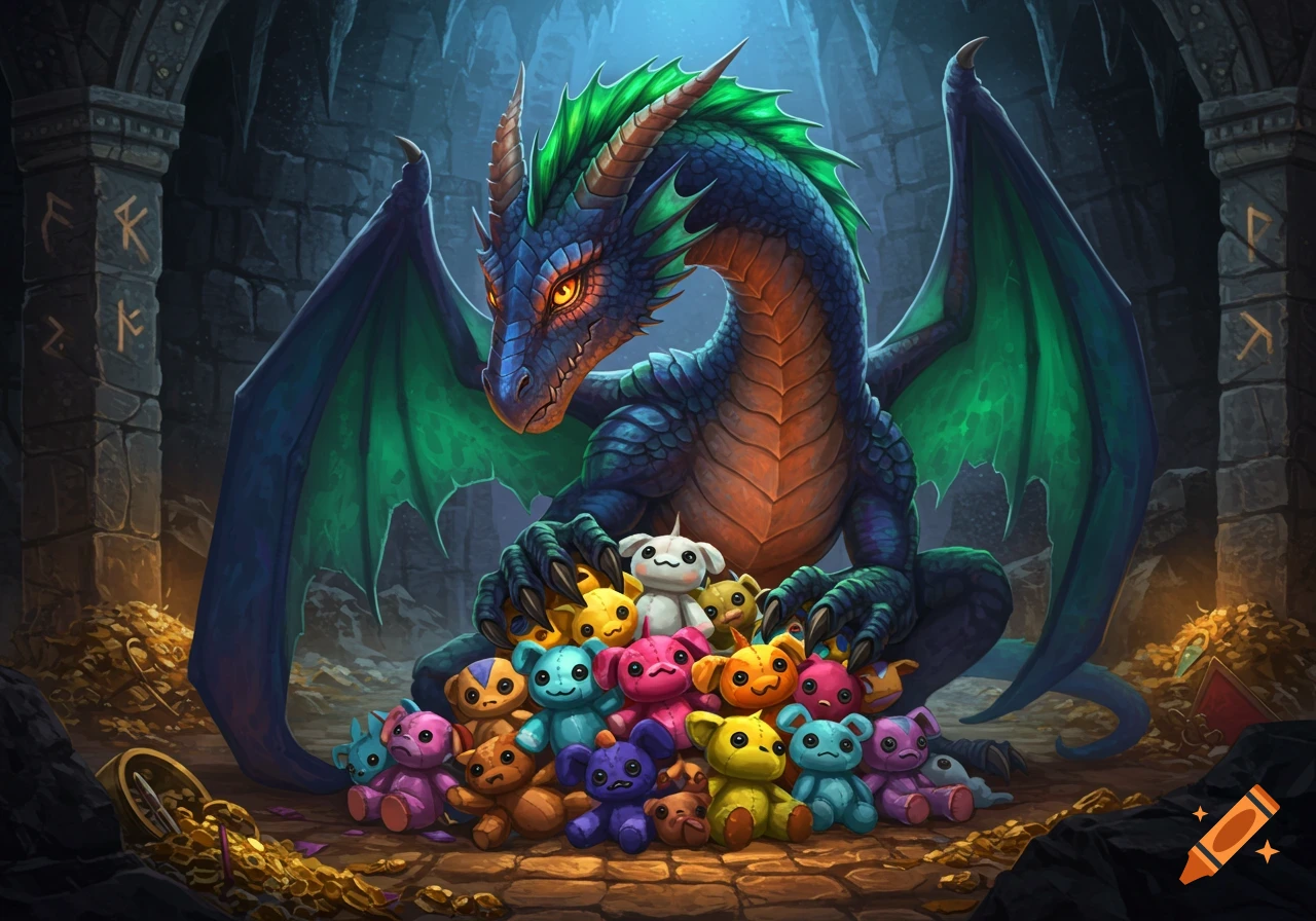 A large blue and green dragon with glowing orange eyes guards a pile of colorful stuffed animals inside a dimly lit treasure cave.