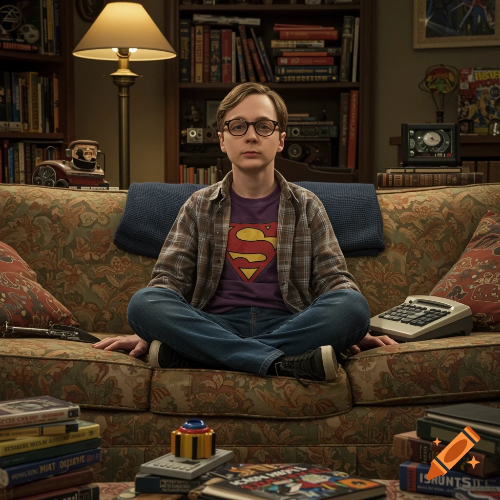 A young boy resembling Sheldon from "Young Sheldon" sits cross-legged on a patterned couch, wearing glasses, a plaid shirt, and a purple t-shirt with the Superman logo. He is surrounded by bookshelves filled with books, a desk lamp, and a vintage calculator, in a warm, detailed, photorealistic setting.