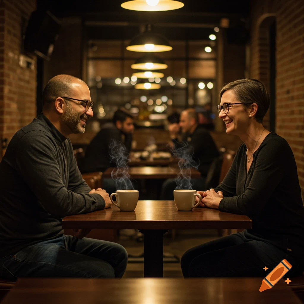 A man and a woman smile at each other across a table in a dimly lit coffee shop, steam rising from their coffee cups.