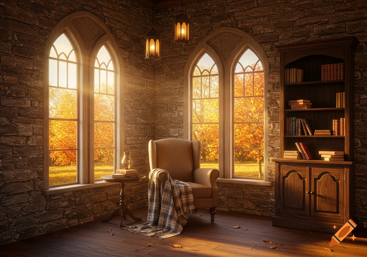 A cozy reading nook in a stone-walled room with gothic windows overlooking autumn trees, bathed in warm sunlight.