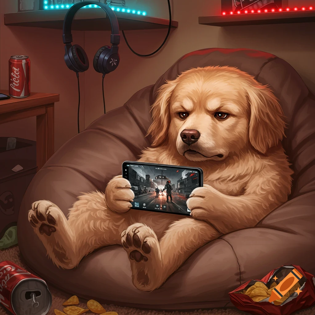 A golden retriever dog sits on a beanbag chair, engrossed in playing a mobile game on a smartphone, surrounded by snacks.