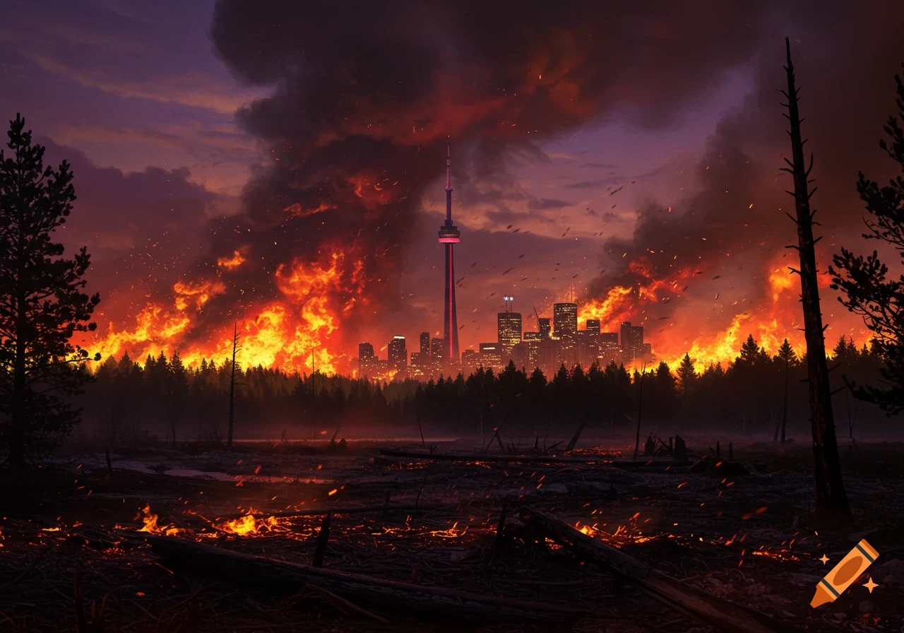 The Toronto skyline and surrounding forest are engulfed in massive fires, with thick smoke filling the dramatic, fiery sky.