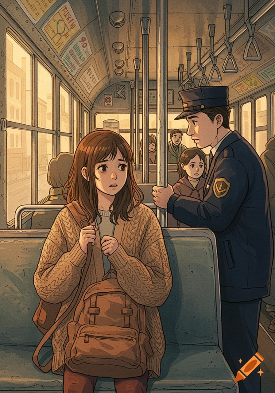 An anime-style image of a nervous girl with a backpack on a bus, as a conductor leans in to speak to her.
