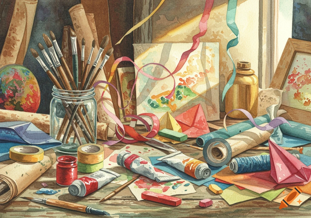 A cluttered wooden table filled with various watercolor art supplies: brushes in a jar, paint tubes, rolls of paper, ribbons, and small canvases.