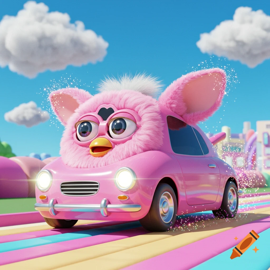 A pink furry creature car with large eyes, a Furbymobile, drives on a colorful striped road under a blue sky with fluffy clouds.