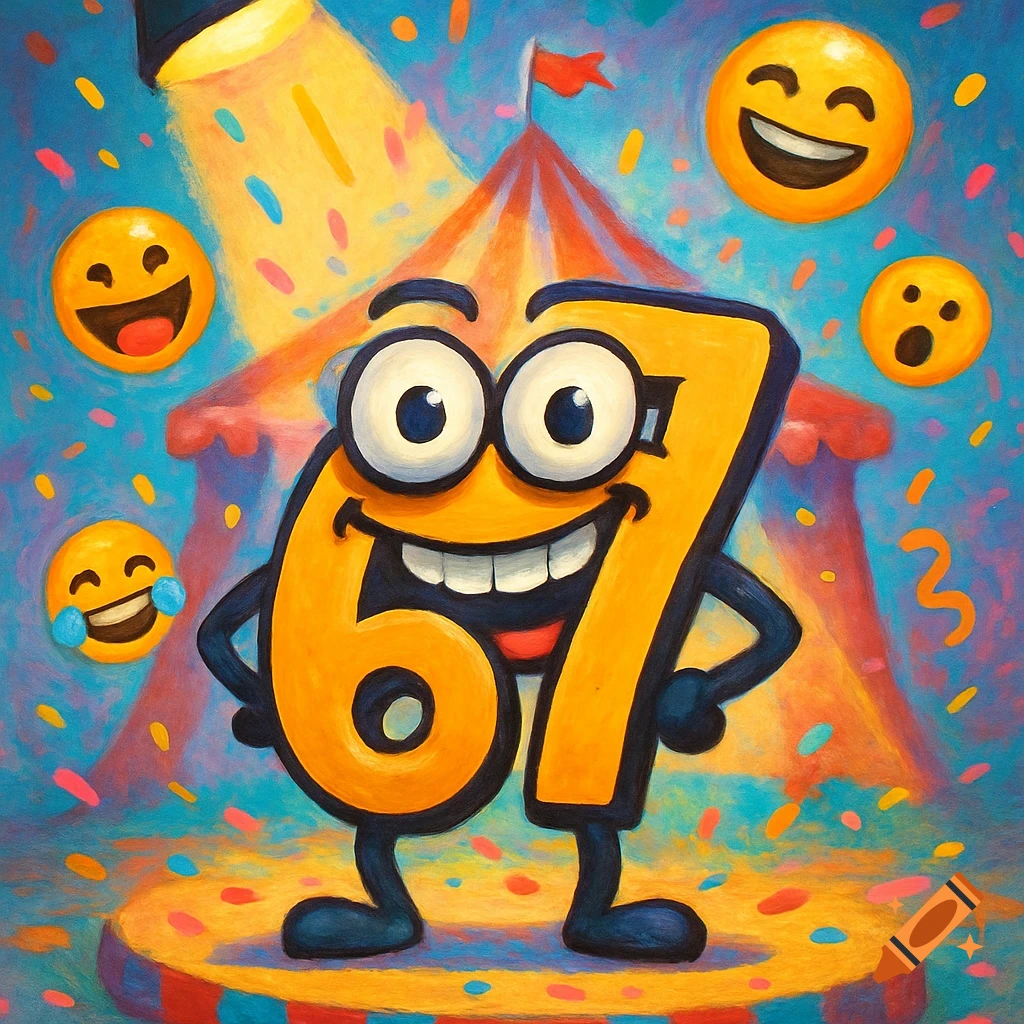 A happy, cartoonish number 67 with arms and legs stands on a stage with a circus tent, confetti, and smiling emojis in a vibrant painterly style.