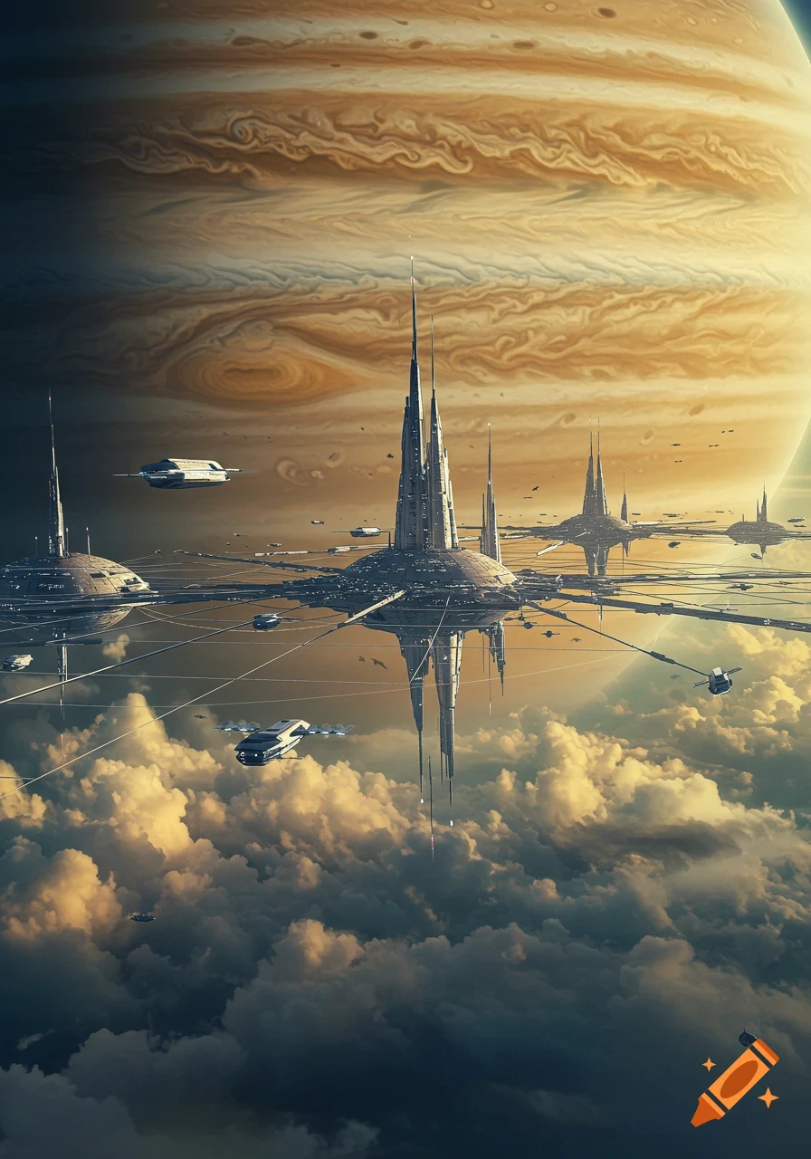 A vibrant, futuristic city floats above clouds with the planet Jupiter in the background.