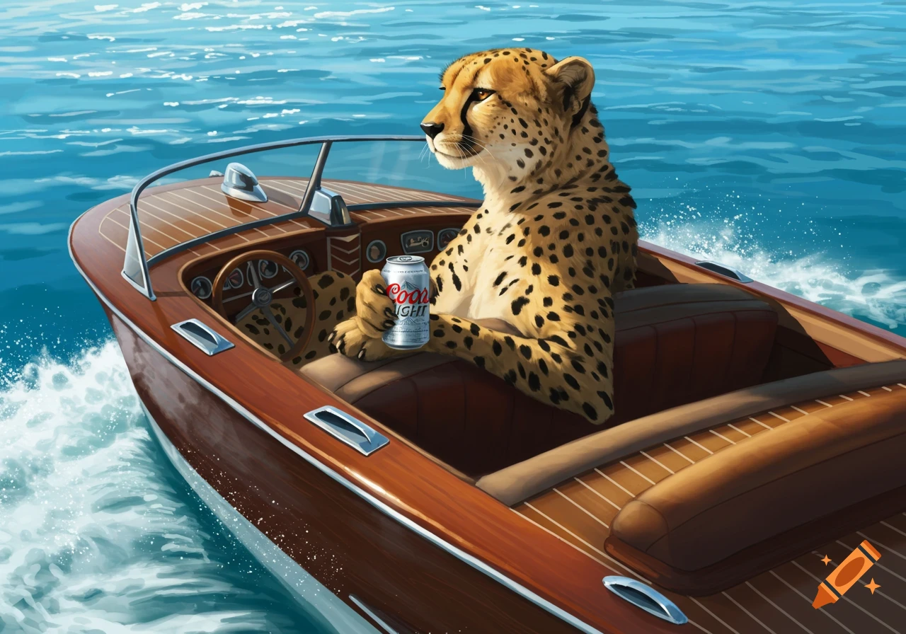 An anthropomorphic cheetah in a wooden boat, drinking a can of Coors Light on the water.