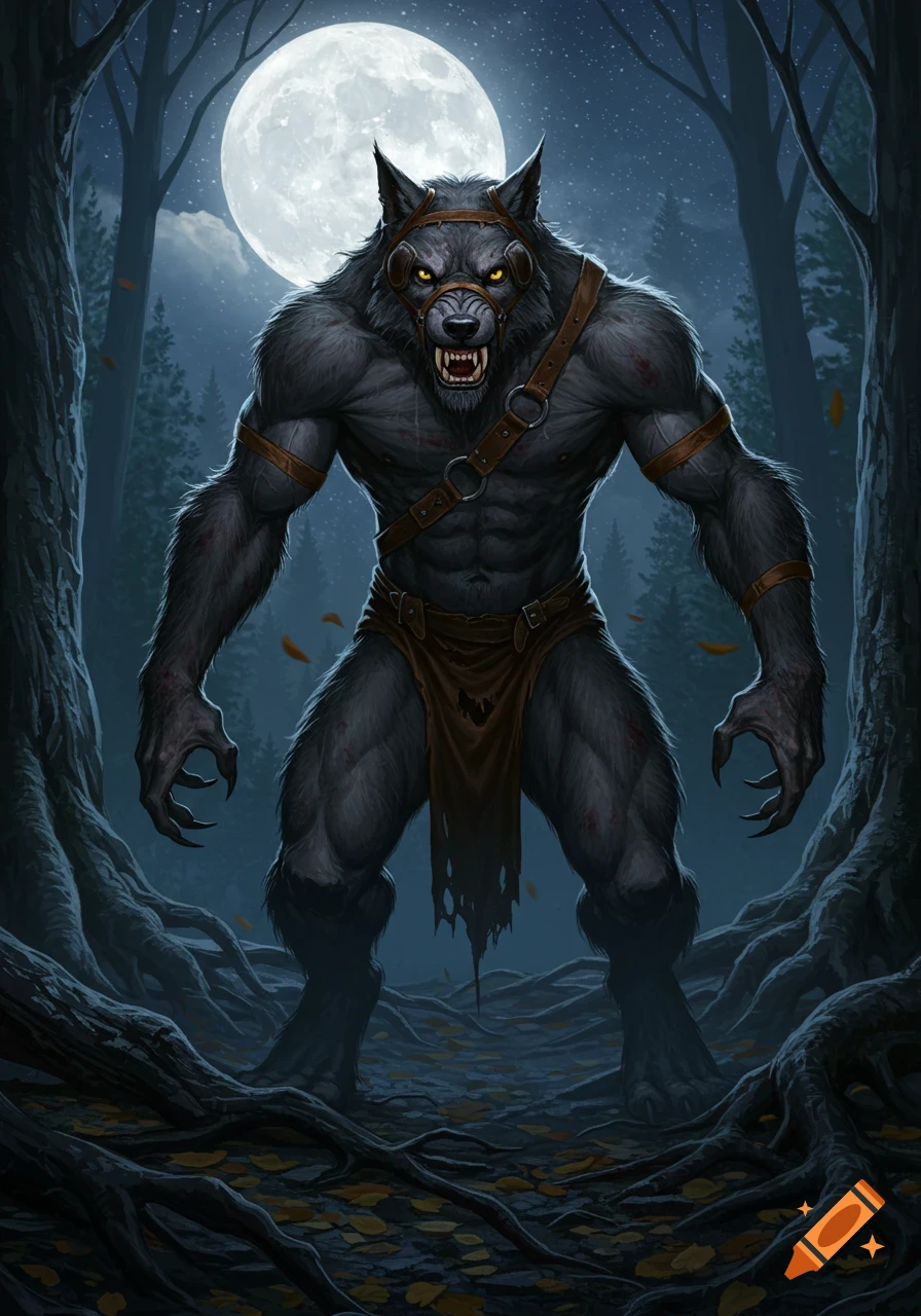 A menacing werewolf with glowing yellow eyes, wearing blinders and tattered clothes, stands in a dark forest under a bright full moon.