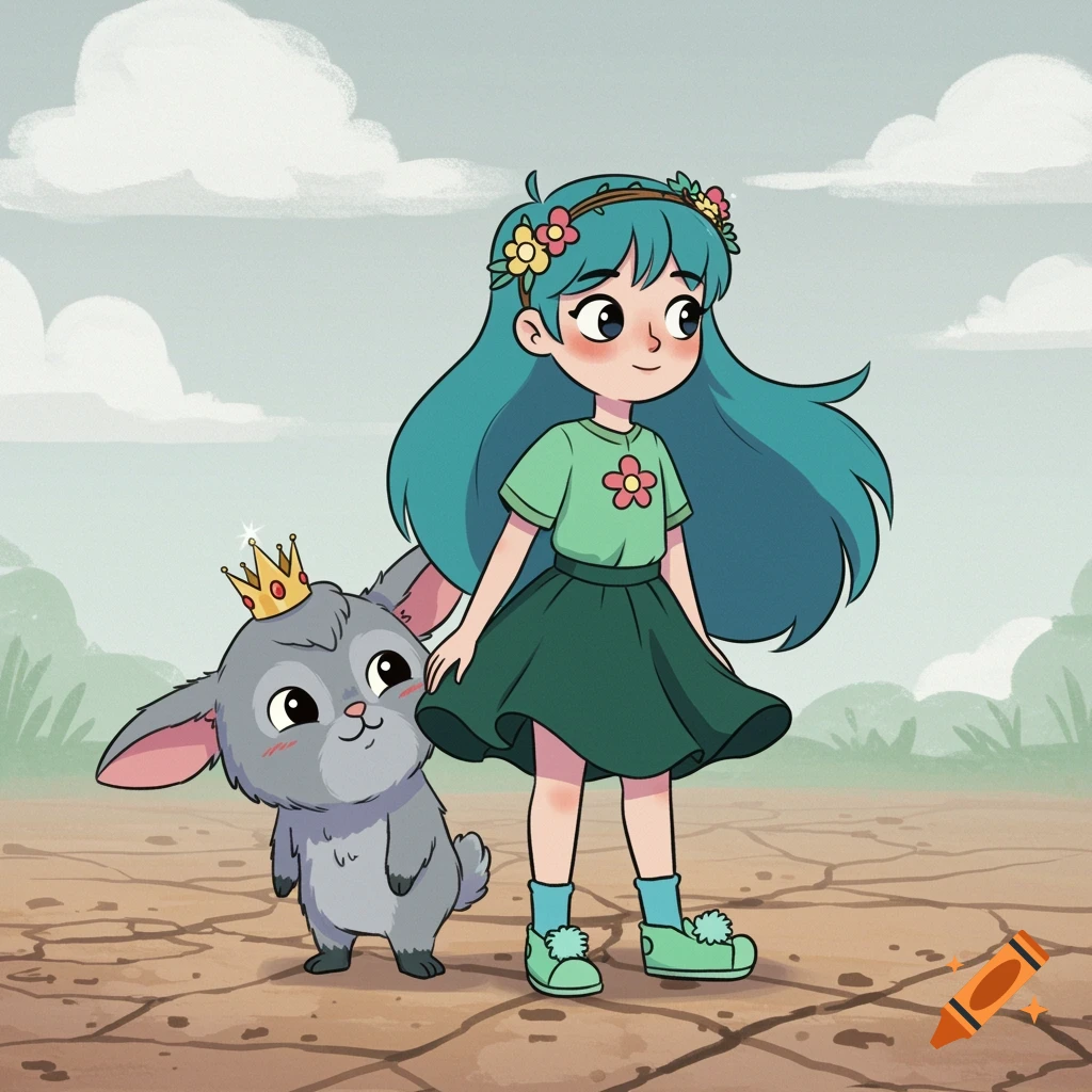 Cartoon girl with teal hair and flower crown stands beside a grey rabbit wearing a golden crown on cracked, dull ground.