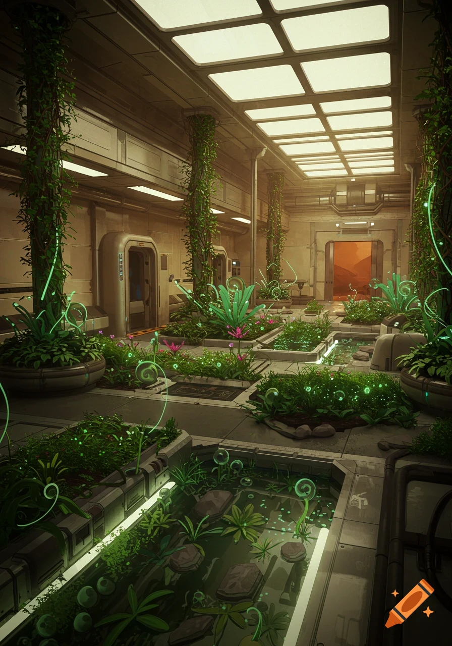 A futuristic indoor garden on Mars with vibrant green plants, glowing accents, and high-tech architecture.