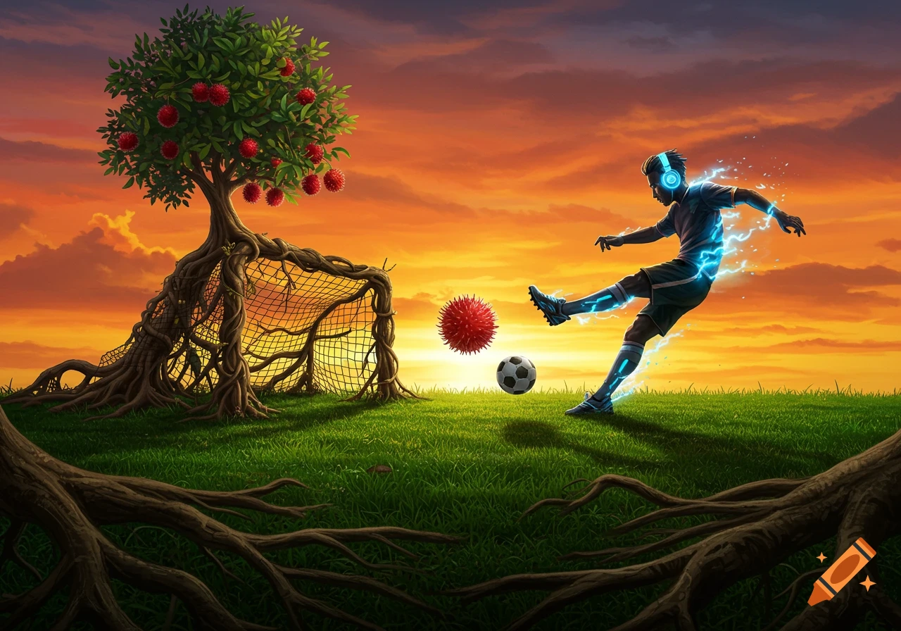 A stylized soccer player with glowing blue energy kicks a ball and a spiky red fruit towards a tree root goal, with a rambutan tree, against a vibrant sunset.