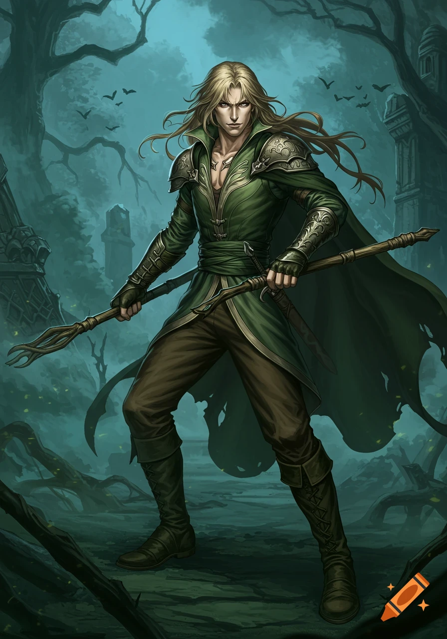 A blonde fantasy ranger with gold eyes, in green and brown attire, holding two staves in a misty forest setting, in an anime style.