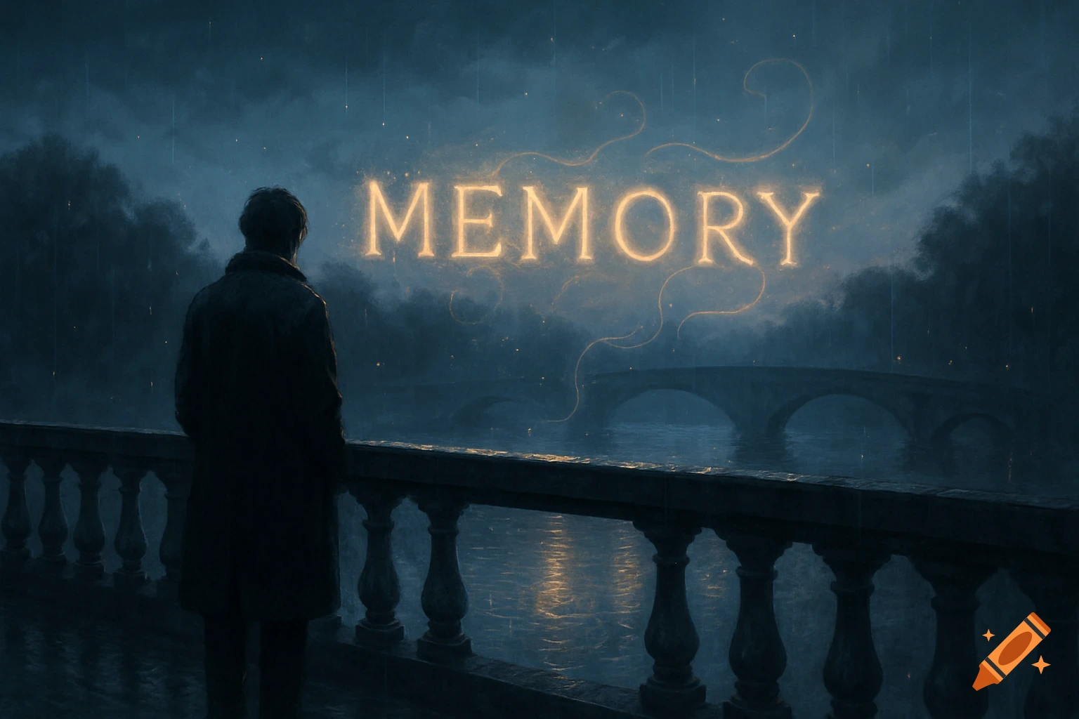 A person in a long coat stands on a balustrade overlooking a dark river with a bridge, glowing "MEMORY" text floats in the rainy air.