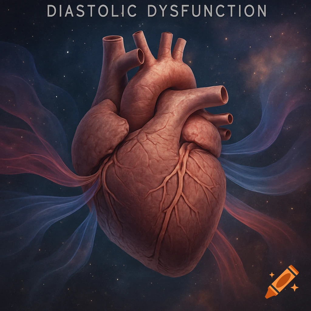 Detailed illustration of a human heart with 'DIASTOLIC DYSFUNCTION' text, surrounded by cosmic dust and stars.