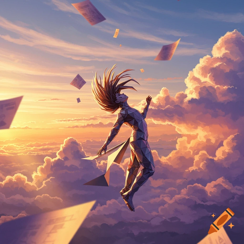 A stylized, geometric figure with wild hair floats among clouds at sunset, surrounded by falling papers.