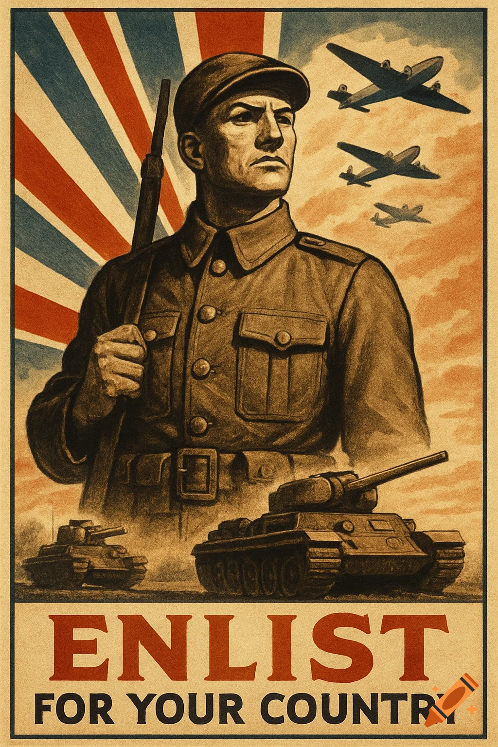 A vintage military propaganda poster showing a determined soldier, tanks, planes, and the text 'ENLIST FOR YOUR COUNTRY'.