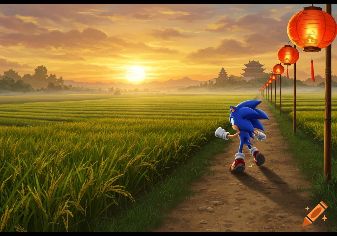 Sonic the Hedgehog runs on a dirt path through vibrant green rice fields at sunset, with a pagoda and red Chinese lanterns.
