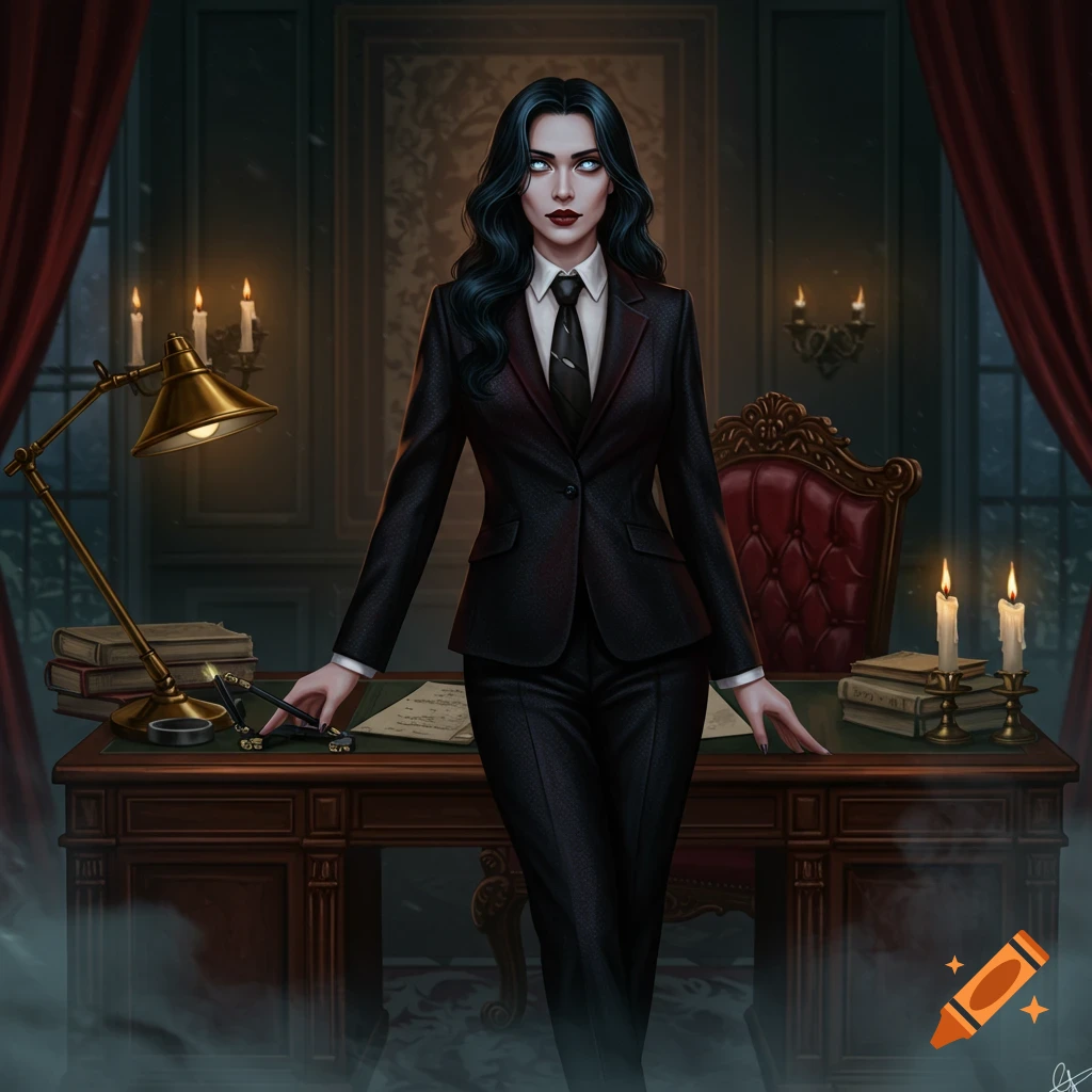 A pale woman with dark hair and white eyes in a black suit stands behind a desk in a dark, ornate room. Digital art.