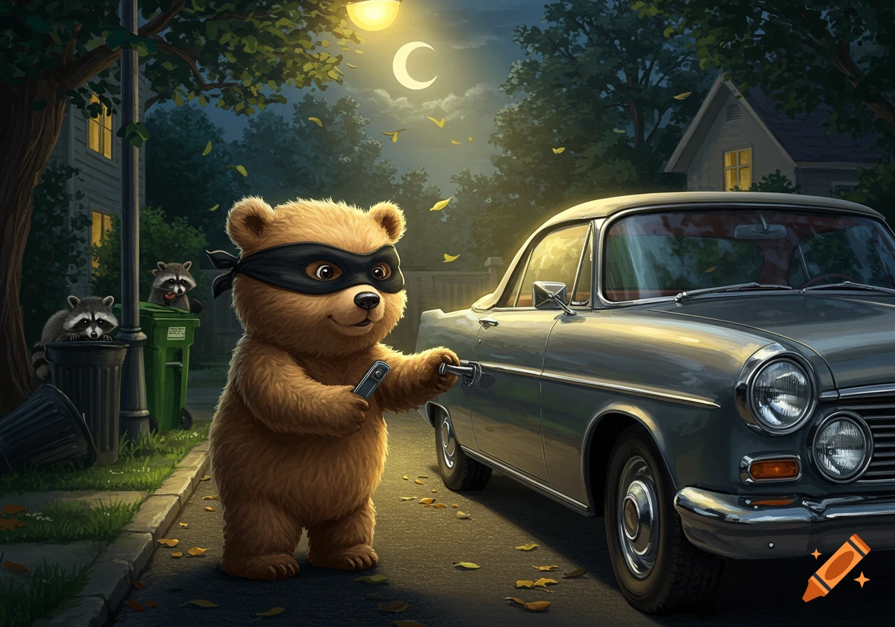 A cute brown cartoon bear in a black robber mask tries to open a classic car door at night, with raccoons in trash bins nearby.