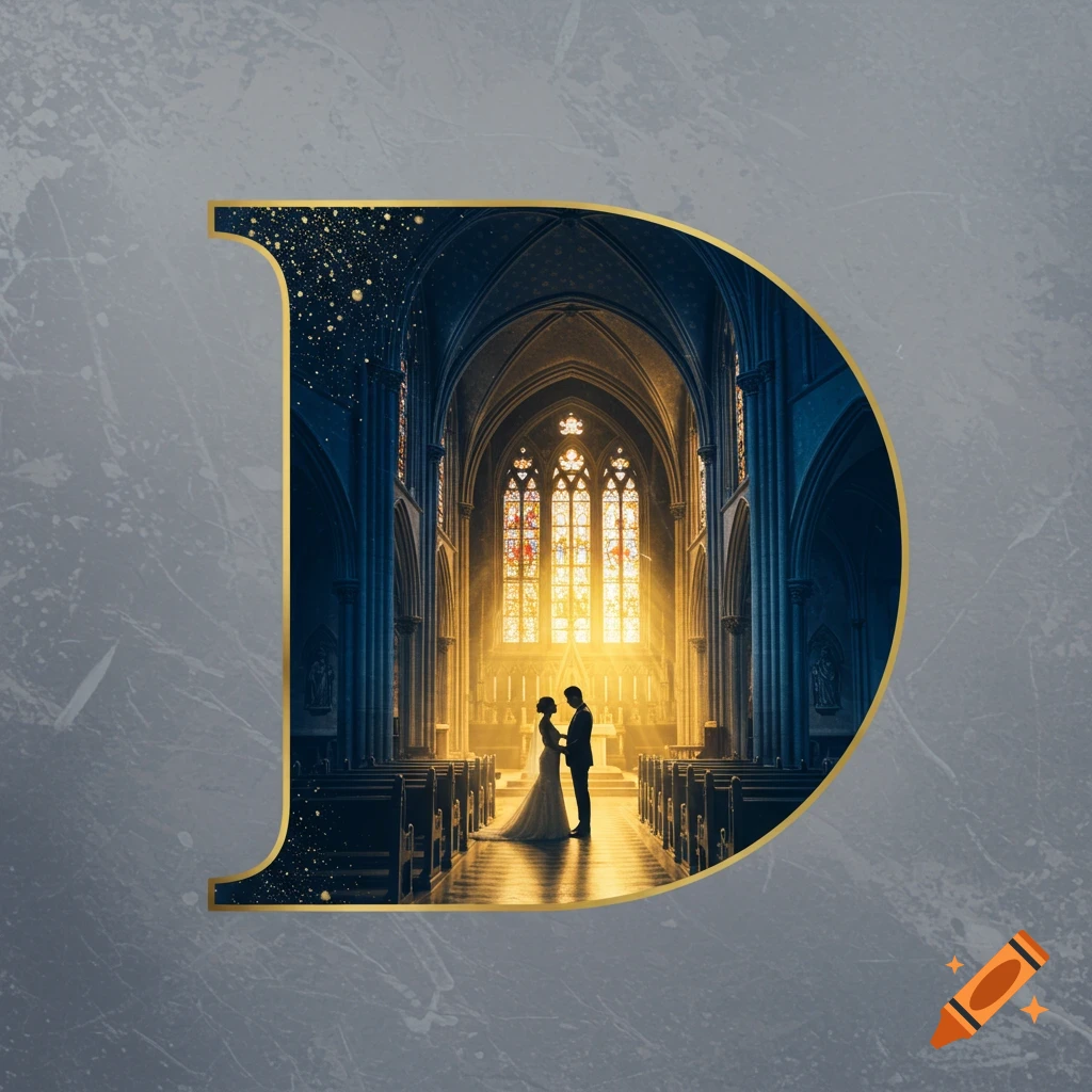 A couple stands in a glowing church interior, framed within a large golden capital letter D, against a gray background.