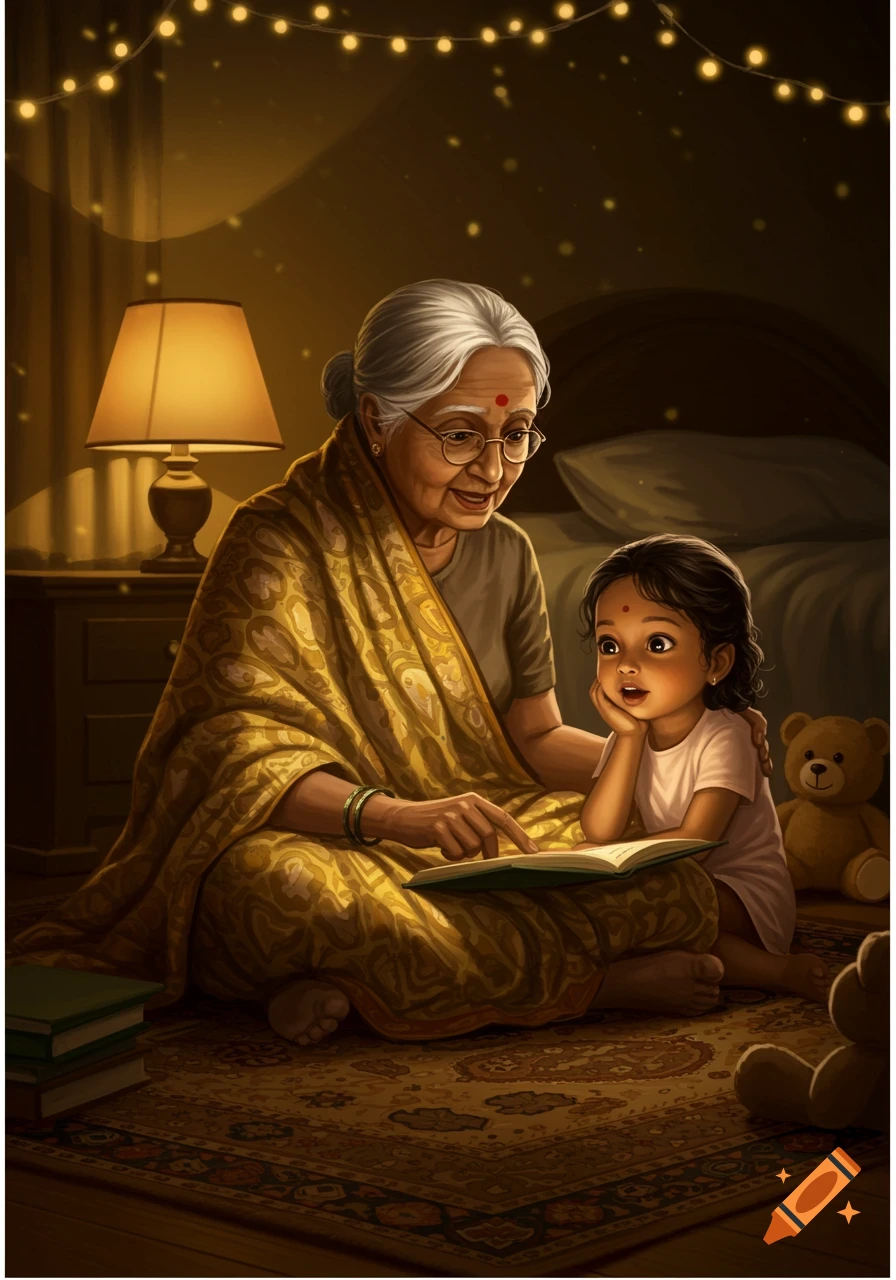 Grandma in a gold saree reads a book to a curious little girl with brown skin, sitting on a rug in a dimly lit room with string lights.