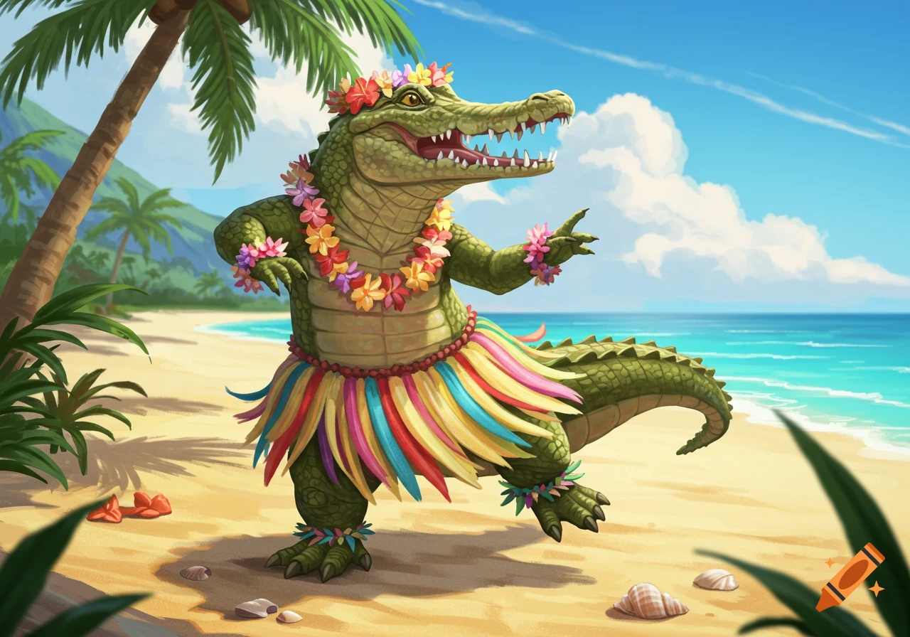A cartoon crocodile dressed as a hula dancer with a colorful lei and grass skirt poses on a sunny tropical beach with palm trees and ocean.