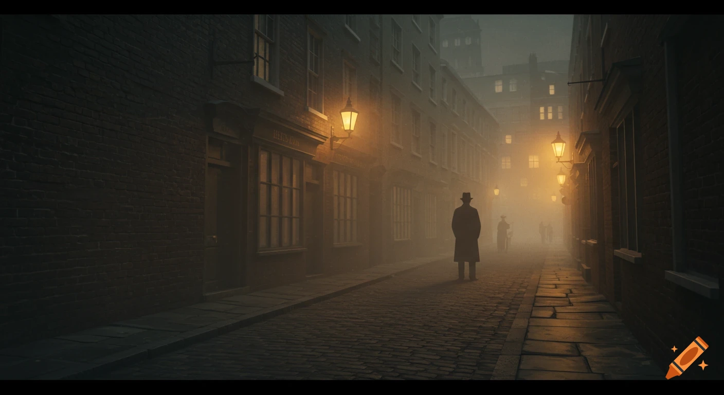 A lone silhouette of a man in a long coat and top hat stands on a foggy, cobblestone Victorian London street at night, lit by gas lamps.