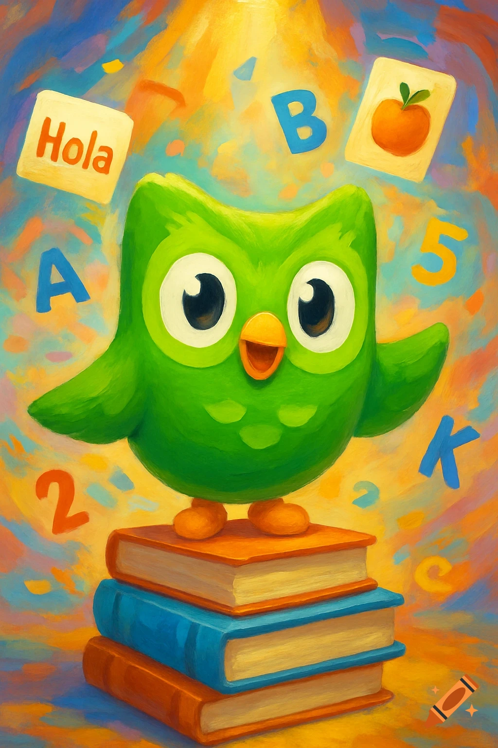A painterly digital illustration of the green Duolingo owl mascot standing on books, surrounded by learning elements like 'Hola', letters, and numbers.