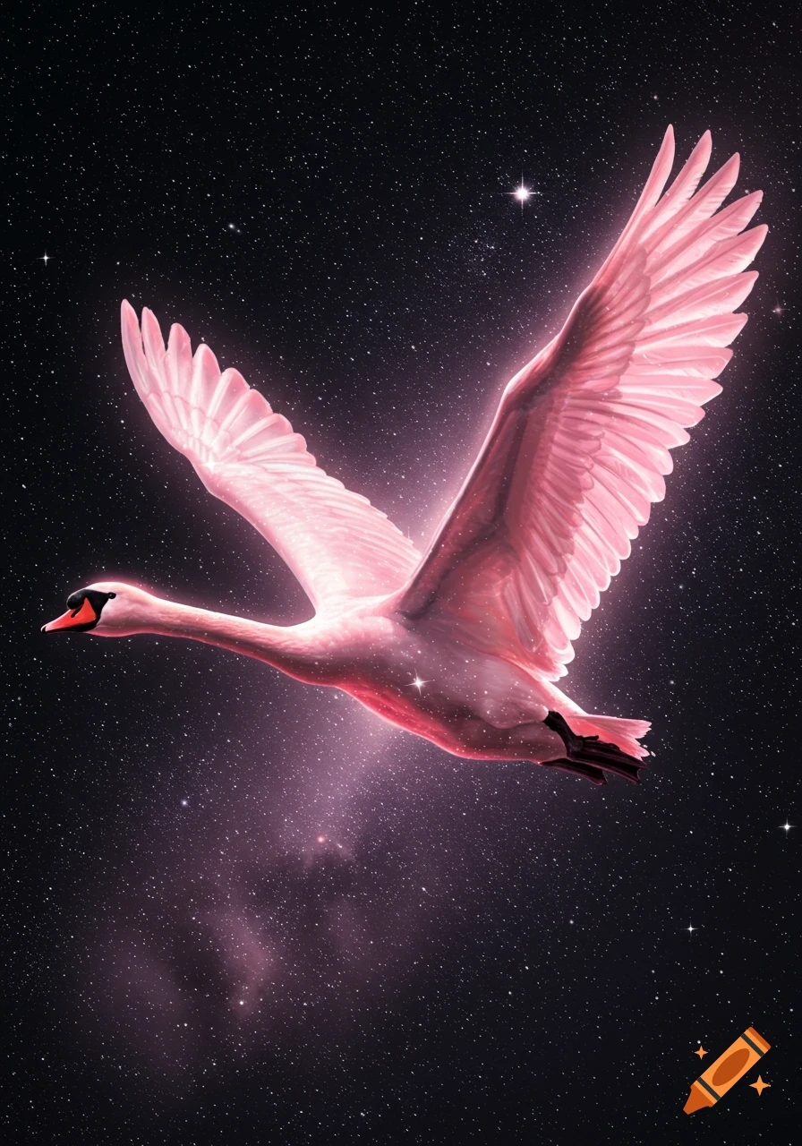 A glowing pink swan with outstretched wings flies through a dark, starry celestial space.