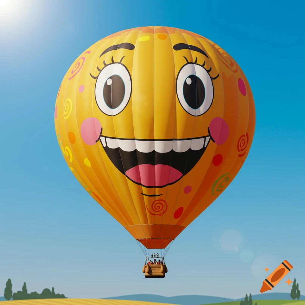 A large yellow hot air balloon with a happy cartoon face flies high in a bright blue sky over a green and yellow landscape.