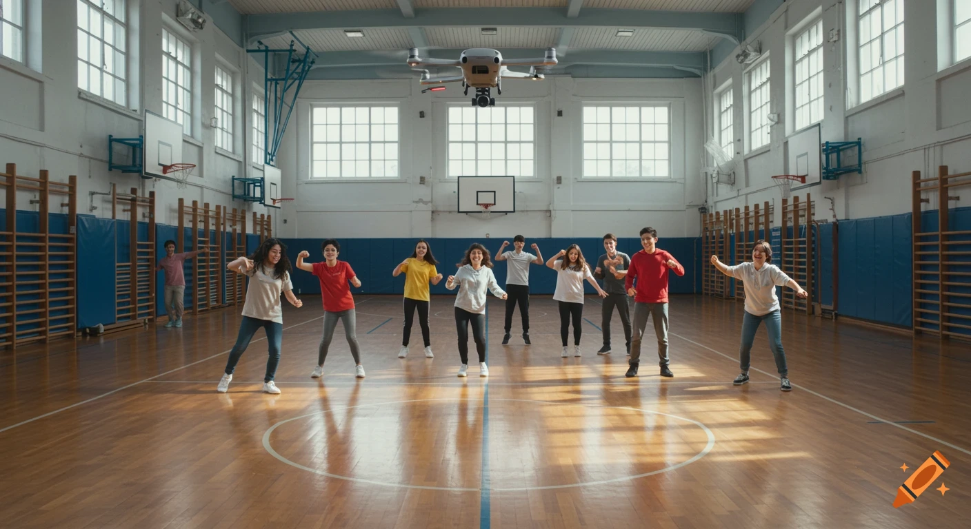 A drone hovers above a group of students posing in a school gym with basketball hoops and wall bars.